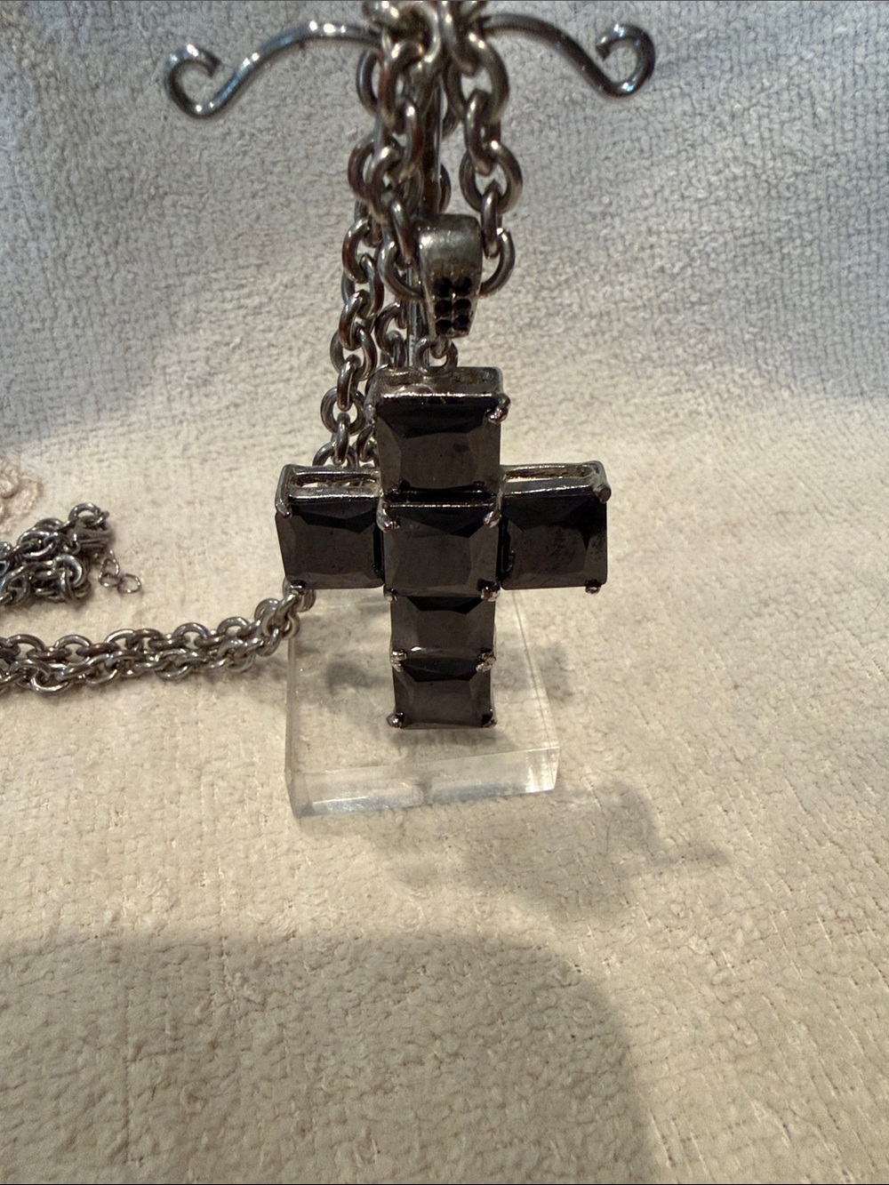 Black Cross Pendant Necklace with Faceted Stone Inlays
